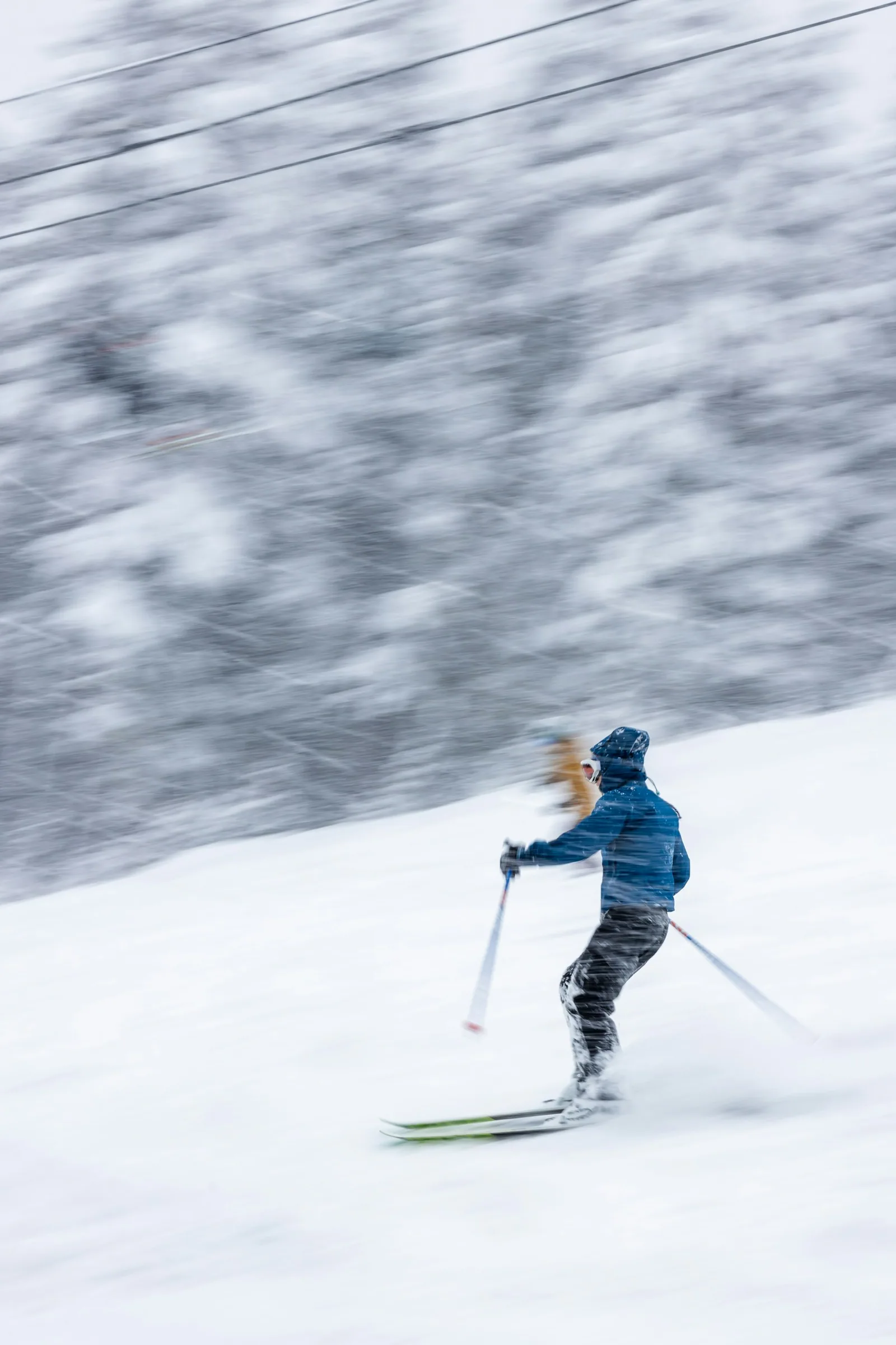 A skier in a blue jacket moves through fresh snow beside a snowy forest.