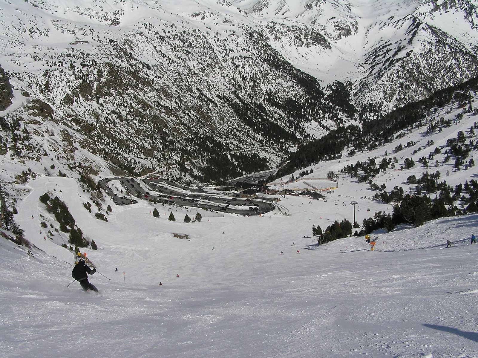 View down red run to Arcalis Ski Center Andorra Mar 2011